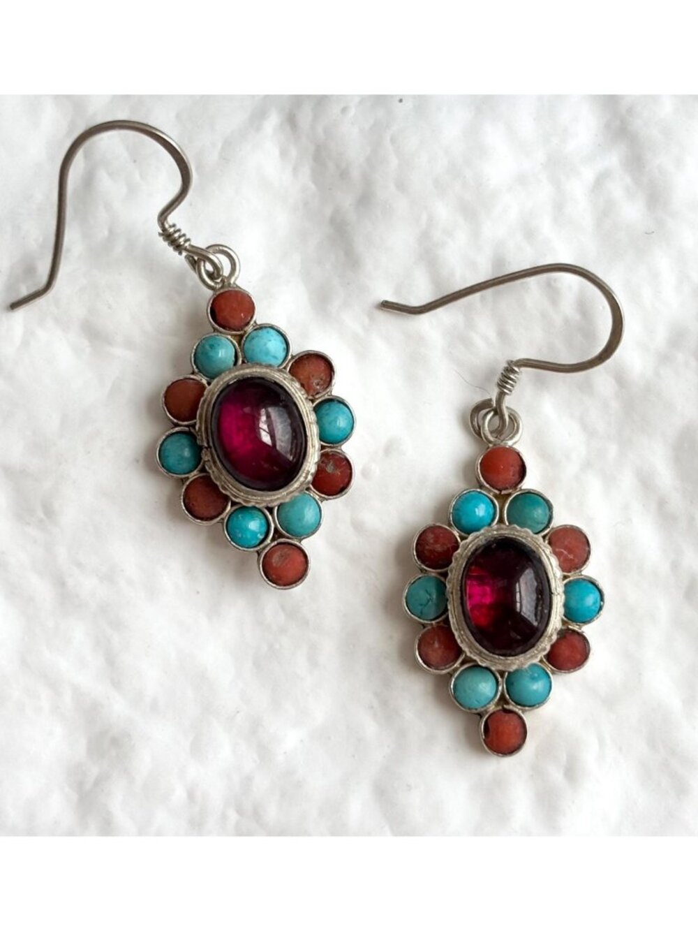 Coral, Turquoise & Amethyst Gemstone SW Vintage Sterling Silver 925 Earrings